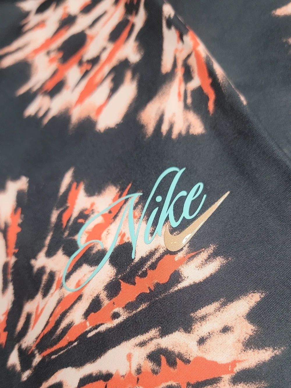 Nike Women's Black Leggings with Coral and Light Pink Tie-Dye
